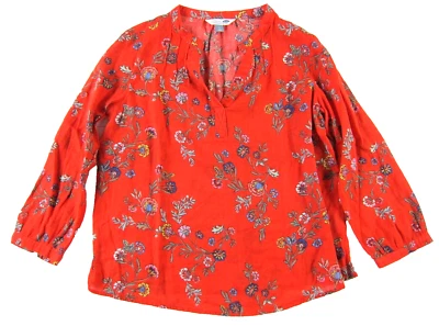 Old Navy Linen Red Blue Green Yellow Floral V-Neck Long Sleeve Tunic Shirt  L - Image 1 of 4
