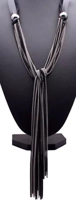 Sexy Collar Lariat Borla Larga Cadena Plata Alta Costura Collar Cuero Negro Foto 1 de 4