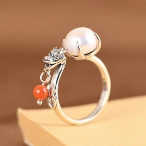 Solid 925 Sterling Silver Men Women Lucky Dragon Fresh Water Pearl Open Ring