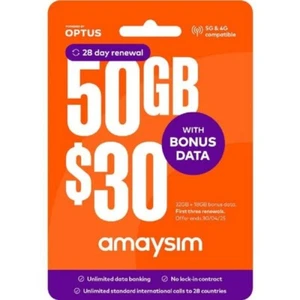 Amaysim moible $30 Prepaid Starter Pack: Unlimited talk 28 countries + 50GB Data - Picture 1 of 8
