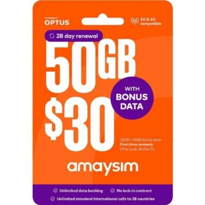 Amaysim moible $30 Prepaid Starter Pack: Unlimited talk 28 countries + 50GB Data - Image 1 of 4