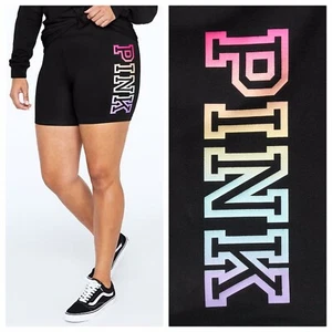 VS VICTORIAS SECRET PINK HIGH WAIST BIKE SHORT SHORTIE PURE BLACK W/RAINBOW XS - Picture 1 of 6