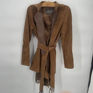 Chaqueta con flecos de cuero Chi x Falchi para mujer pequeña manga larga frente abierto lazo cintura - Imagen 1 de 9