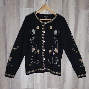 Cardigan donna Tally Ho grande vintage lana ricamato floreale cottagecore - Foto 1 di 10