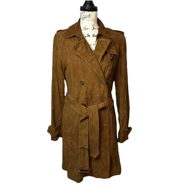 Trench coat Banana Republic feminino marrom camurça peito duplo pequeno MSRP $698 - Imagem 1 de 4