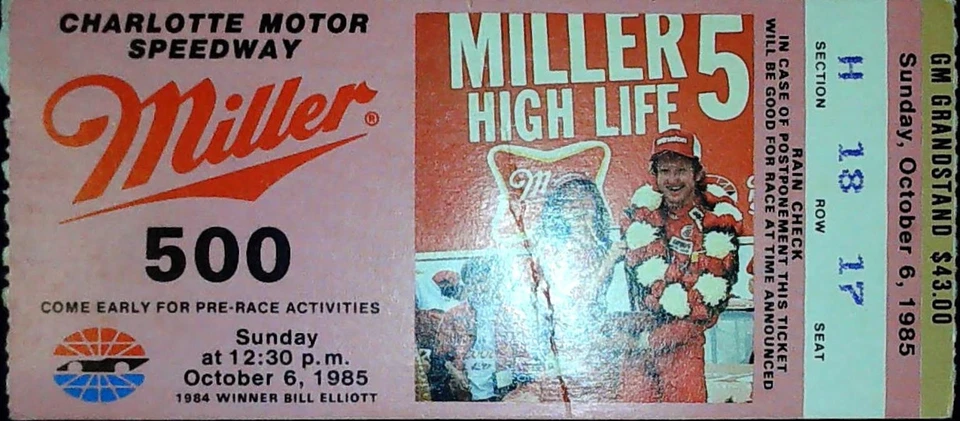 Boleto Cale Yarborough última victoria #83 Charlotte Miller 500 Nascar 6/10/1985 Foto 1 de 2