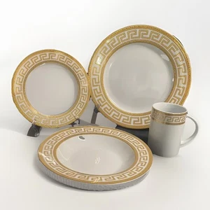Imperial Fine Porcelain Gold Greek Key 16 pc Porcelain Dinner Set for 4 person - Picture 1 of 3