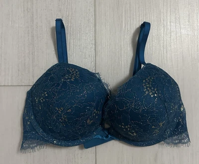 Victoria's Secret Bombshell Push-up Add 2 xícaras tamanho 32C azul-petróleo/ouro renda cintilante - Imagem 1 de 4