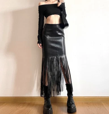 Mujer Negro Flecos Empalme Falda Cintura Alta Envuelta en la Cadera Cuero PU Vestidos Foto 1 de 4