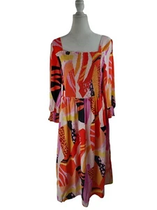 NWT Coral Plus Oddi Bright Geometric Print Midi Square Neck Dress Size 3XL Artsy - Picture 1 of 13
