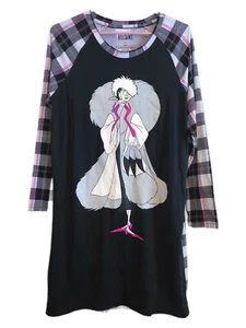 Disney Villians Cruella De Ville Night Sleep Shirt Black White Pink Plaid Sz S - Picture 1 of 5