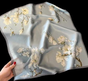 100% Silk 26” large Square Scarf Women neckerchief Wrap floral blue beige ws638 - Picture 1 of 3
