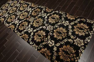 Runner Hand Knotted Wool & Silk Damask Tibetan Area Rug Black Gold 3'11" x 11'9" - Picture 1 of 5