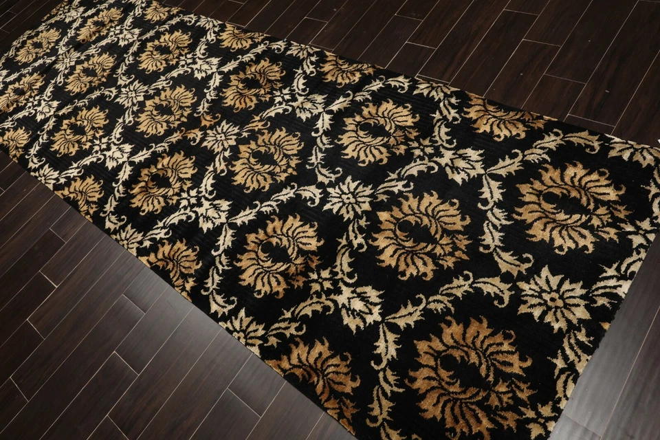 Runner Hand Knotted Wool & Silk Damask Tibetan Area Rug Black Gold 3'11" x 11'9" - Image 1 of 4