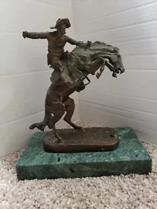 Frederic Remington "Bronco Buster" Bronze Cowboy & Horse Statue 9"green Marble - Picture 1 of 12