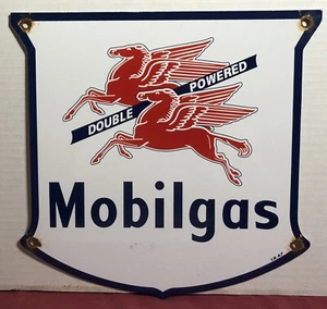 VINTAGE MOBILGAS DOULE POWERED PORZELLAN TANKSTELLENSCHILD MOBIL MOBILOIL - Bild 1 von 6