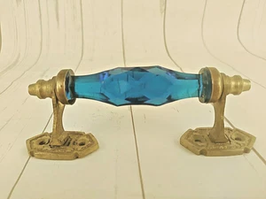 Vintage Look Brass Sky Blue Victorian Cut Glass Pull Push Door Drawer Handle - Picture 1 of 12