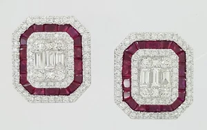 18k White Gold 3.39 ct Round & Baguette Diamond & Ruby Halo Stud Earrings 12gm - Picture 1 of 8