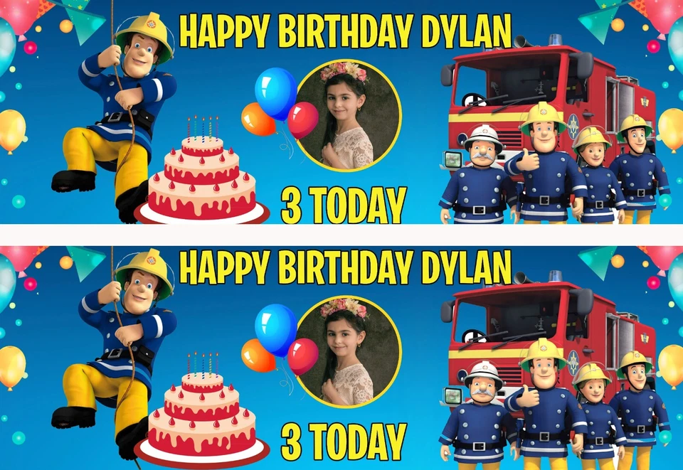 PERSONALPOLLY Personalised Fireman Sam Birthday Banner X2 Photo Large Party Decoration