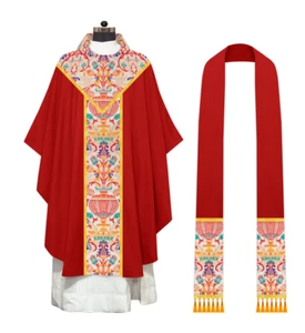 Red Gothic Chasuble with Coronation Tapestry Design – Church Vestment - Picture 1 of 5