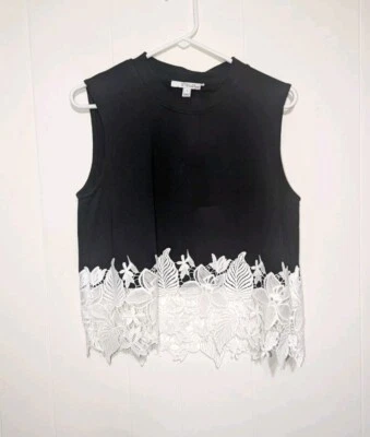 Derek Lam Crosby 黑色上衣,带白色孔眼蕾丝下摆,尺寸 6 无袖  — 第 1/3 张图片