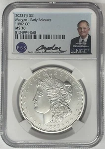 2023 Fiji 1882-CC Morgan Dollar NGC MS 70 Early Releases David Ryder Signed - Picture 1 of 2