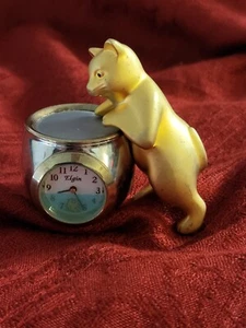 Neuheit Miniaturuhr von Elgin, Kätzchen-Katze & Fischschale, schwimmender Fisch 2. Zeiger - Bild 1 von 4