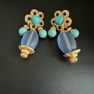 Gold Plated Frosted Glass Turquoise Flower Stud Earrings - Image 1 of 4