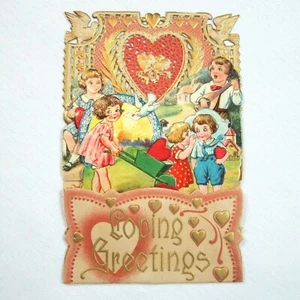 Vintage Valentine 1933 Die Cut Honeycomb 3D Pull Down Boys Girls Doves Germany  - Picture 1 of 12
