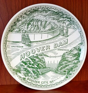 Hoover Dam Vtg Travel Souvenir Plate 9" Green Transfer Boulder City Nevada - Picture 1 of 9