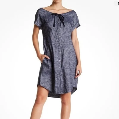 Vestido camisa cambraia THEORY Laela gola redonda denim profundo azul tamanho 6 bolsos - Imagem 1 de 4