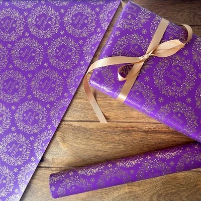 UNIQUE PAPER COMPANY Christmas Wrapping Paper Ultimate Luxury Plum & Gold Wreath Eco Kraft Sheet Roll