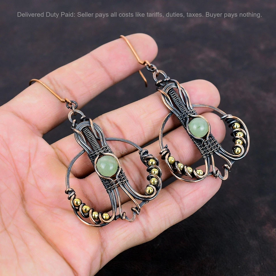 Copper Prehnite Gemstone Dangle Drop Wire Wrapped Sister Trendy Earrings Jewelry - Image 1 of 4