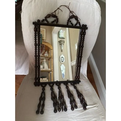 Vintage Wood Beaded Tasseled mirror Framed Wall Hanging  Boho Bohemian brownREAD - Image 1 of 4
