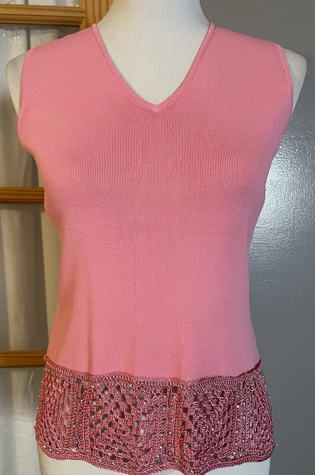 Camiseta sin mangas Y2K Joseph A años 90 para mujer talla L crochet rosa tejido tachuelas fiesta carrera Foto 1 de 4