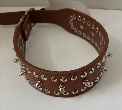 Spiked Studded Dog Collar Rivet Adjustable PU Leather Pet World XL 22” New Brown - Image 1 of 4