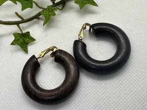 Vintage Chunky Wood Hoop Clip On Earrings  - Picture 1 of 5