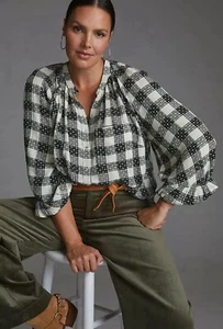 Pilcro Anthropologie Size S Breezy Plaid Blouse Buttondown Shirt Western Boho - Picture 1 of 3