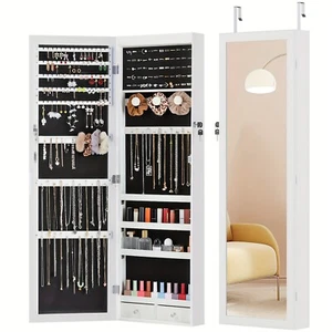 47.2-Inch Tall Lockable Wall Or Door Mounted Jewelry Cabinet With Mirror - Picture 1 of 17