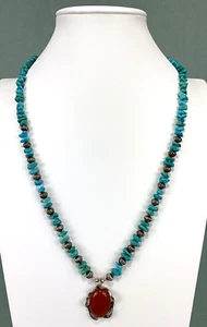 Vintage Turquoise and Sterling Silver Bead Necklace with Carnelian Pendant 28 in - Picture 1 of 7