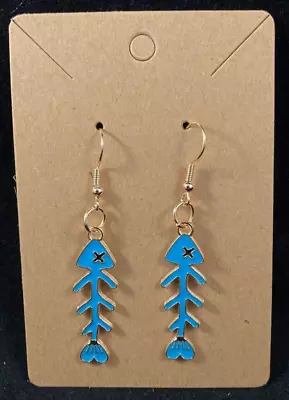Gold & Blue Fish Bone Earrings - Dangle - Gold Hook - Handmade - Image 1 of 3