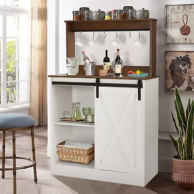 Farmhouse Coffee Bar Cabinet with 6 Hooks, 50" Coffee Bar Hutch with Sliding Bar - Image 1 of 4