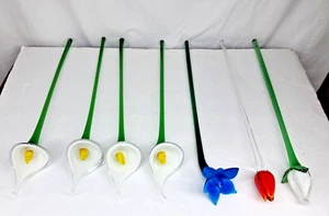 Vintage Glass Hand Blown Flowers Green Stem Decorative Long lot of 7 - Picture 1 of 9