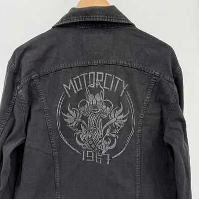 Guess Jeans Jacket Mens Large Black Motorcity 1961 Embroidered Denim Skull Punk - Image 1 of 4