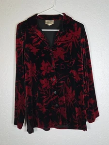 Kathie Lee Collection rot schwarz Blumen Samt Button Down Shirt Größe Small Top - Bild 1 von 5
