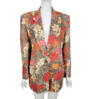 VINTAGE Talbots Blazer 12 Green Red Floral Print Linen Single Button Oversized - Image 1 of 4