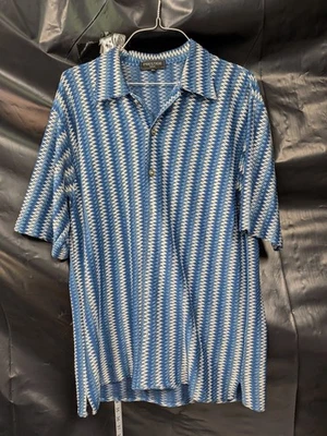 PRESTIGE Men’s Short Sleeve Shirt XL blue white Designer Print chevron zig zag - Image 1 of 4