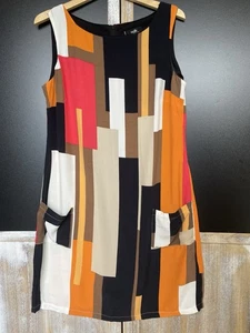 Wallis Dress Ladies Size 12 Black Multi Colour block Print Pencil Shift Pockets - Picture 1 of 9