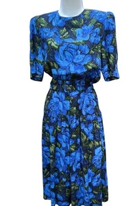 Vintage New 80s Pellini Von Bramlett Floral Dress Blue Belted 13/14 NWOT Rayon - Picture 1 of 9