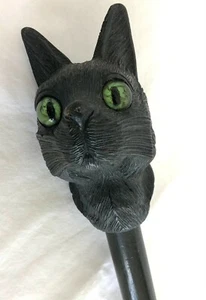 Early 20th c. Hand Carved Cat Head Parasol Handle w/Glass Eyes - Picture 1 of 8